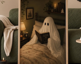 Cuadro decorativo de fantasmas leyendo, decoración de Halloween, lámina para amantes de los libros de terror, póster gótico para dormitorio, lámina para rincón de lectura de estilo Dark Academia, arte imprimible