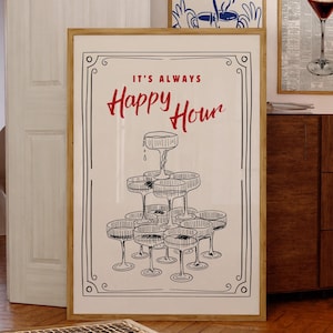 Arte de pared con carrito de bar para la hora feliz, póster de cócteles retro, impresión de alcohol, arte de pared de moda, decoración de pared con carrito de bar, arte de pared de cocina, descarga digital