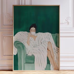 Girl with Coffee Print Emerald Green Abstract People Wall Art Coffee Poster Trendy Contemporary Artwork Stripe Woman Print Digital Download