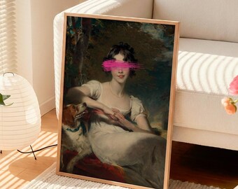 Altered Art Print, Pink Brush Stroke Print, Vintage Portrait Painting, Eclectic Wall Art, Maximalist Decor, Quirky Poster, Digital Download