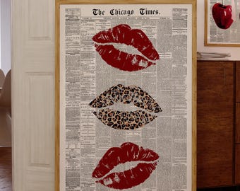 Retro Newspaper Print, Kiss Lips Wall Art, Trendy Leopard Poster, Girly Wall Art, Apartment Aesthetic Decor, Preppy Dorm Decor Digital Print
