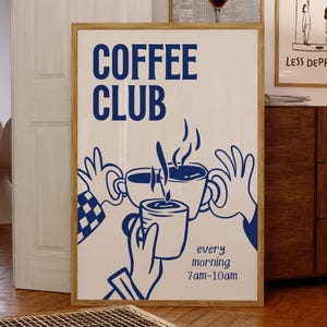 レトロなコーヒークラブプリント、コーヒーウォールアート、キッチンウォールアート、キッチンダイニングルームの装飾、トレンディな手描きのキッチンプリント、デジタルダウンロード