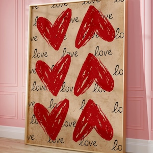 Hearts Poster, Love Poster, 70s Wall Print, Red Wall Art, Vintage Poster, Trendy Aesthetic Home Decor, Love Wall Art Print, Digital Download