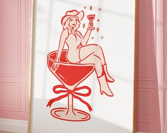 Cowgirl Cocktail Wall Art, Retro Cowgirl Print, Trendy Wall Art, Preppy Wall Art, Cocktail Poster, Coquette Girly Print, Digital Download
