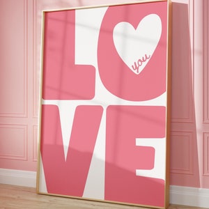 Impresión de pared "Te amo", ilustración de corazón de amor retro de moda, impresión de pared de los años 70, arte de pared preppy, impresión de mediados de siglo, arte imprimible del día de San Valentín