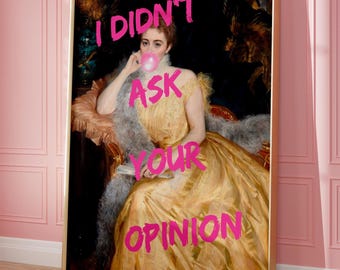 Bubble-Gum Portrait Poster, Funny Vintage Altered Art Print, Pink Wall Art, Eclectic Home Decor, Girly Poster, Sassy Quote Art Printable Art