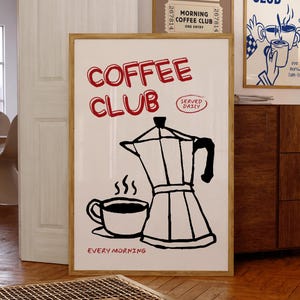 Coffee Club Print, Hand Drawn Kitchen Wall Art, Retro Coffee Print, Coffee Bar Art Print, Coffee Wall Art, Kitchen Decor, Digital Download