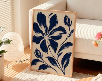 Cuadro floral azul marino, lámina botánica abstracta, póster floral moderno, arte mural floral minimalista, decoración moderna para el hogar, descarga digital.