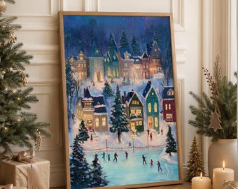 Christmas Village Print, Vintage Christmas Wall Art, Winter Town Print, Christmas Poster, Holiday Home Decor, Winter Wall Art, Digital Print