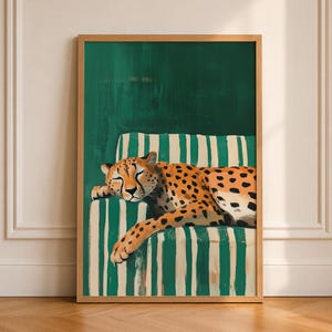 Sleepy Leopard Poster, Emerald Green Print, Contemporary Modern Decor, Maximalist Wall Art, Digital Download image 1