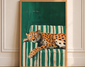Sleepy Leopard Poster, Emerald Green Print, Contemporary Modern Decor, Maximalist Wall Art, Digital Download