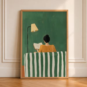 Emerald Green Woman Reading Wall Art Female Abstract Print Book Lover Wall Art Trendy Reading Poster Contemporary Art Modern Decor Printable