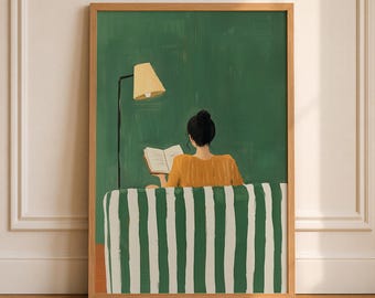 Emerald Green Woman Reading Wall Art Female Abstract Print Book Lover Wall Art Trendy Reading Poster Contemporary Art Modern Decor Printable