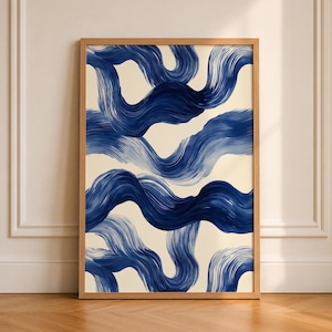 Navy Blue Abstract Waves Print, Mid-Century Modern Home Wall Decor, Digital Download