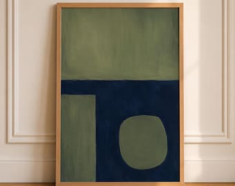 May include: A rectangular wall art print in a light wood frame featuring an abstract composition. The design consists of a large olive green block at the top, a deep navy blue section below, a vertical olive green rectangle, and an oval shape.