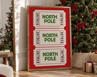 North Pole Ticket Print, Red Christmas Decor, Trendy Christmas Poster, Christmas Wall Art, Holiday Decor, Aesthetic Wall Art, Digital Prints