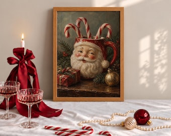 May include: A framed painting depicts a Santa Claus mug filled with candy canes, next to a gift and a gold ornament. Two clear glass coupes stand before a red ribbon and a lit candle. A string of pearls and red ornaments lie on the table.