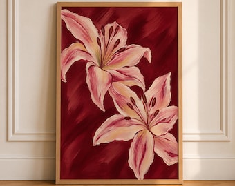 May include: A framed wall art print featuring two large, light pink lily flowers with dark stamens. The lilies are set against a deep, rich burgundy red background with visible, textured brushstrokes throughout the painted composition.