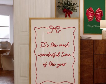 Trendy Christmas Print, Minimalist Red Quote The Most Wonderful Time Of The Year, Christmas Wall Art, Cute Christmas Decor, Digital Prints