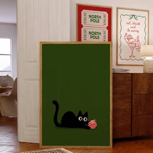 Arte navideño de gato, divertido arte navideño para pared, divertido póster de gato negro, linda impresión navideña, regalo para amantes de los gatos, decoración navideña, impresiones digitales