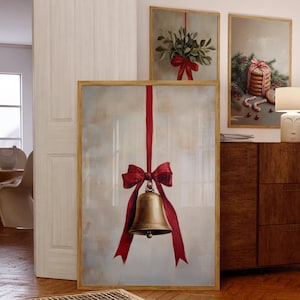 Vintage Christmas Bell Print, Holiday Wall Art, Moody Christmas Print, Antique Christmas Bell Painting, Christmas Decor, Instant Download