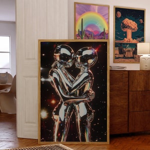 Psychedelischer Art Print, Retro Surrealismus Wandkunst, 70er Jahre Wandkunst, Kosmisches Paar Print, Trippy Wandkunst, Flippige Wanddekoration, digitaler Download Kunst