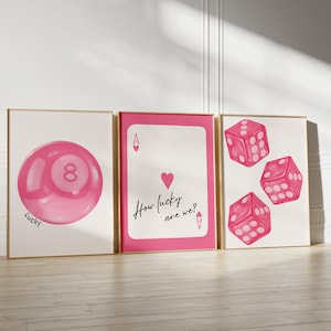 Conjunto de 3 artes de parede da sorte em rosa moderno, estampas estéticas elegantes, decoração de quarto elegante, arte de parede feminina, conjunto de parede de galeria moderno, decoração de apartamento