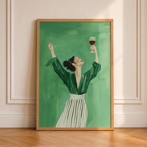 Emerald Green Woman Dancing Wall Art Female Abstract Print Woman with Wine Trendy Wall Art Contemporary Artwork Modern Wall Decor Printable