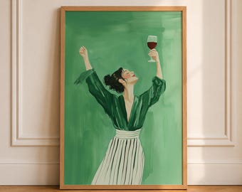 Emerald Green Woman Dancing Wall Art Female Abstract Print Woman with Wine Trendy Wall Art Contemporary Artwork Modern Wall Decor Printable