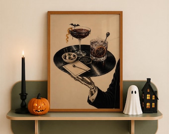 Lámina de cóctel de Halloween, póster de bebida gótica, lámina de mayordomo esqueleto, decoración espeluznante para carrito de bar, arte mural de Halloween de moda, descarga digital