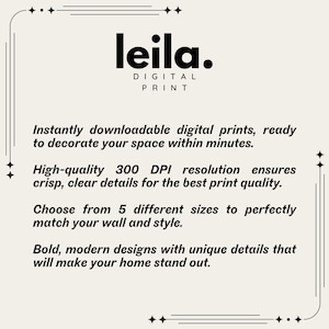May include: A digital print advertisement with the name "leila." in bold black letters. The text below describes downloadable prints with high-quality resolution and various size options for home decor.