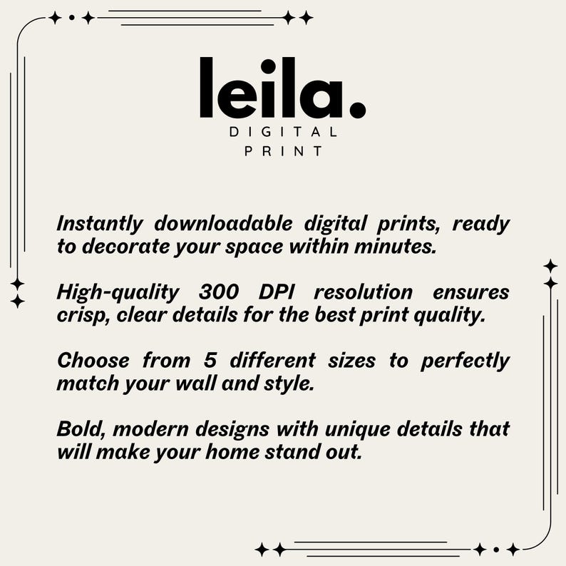 May include: A digital print advertisement with the name "leila." in bold black letters. The text below describes downloadable prints with high-quality resolution and various size options for home decor.