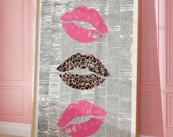 Retro Newspaper Print, Kiss Lips Wall Art, Trendy Leopard Poster, Girly Wall Art, Apartment Aesthetic Decor, Preppy Dorm Decor Digital Print