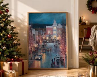 Pink Christmas Village Scene Print, Vintage Preppy Holiday Wall Art, Digital Download