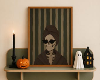 Divertido póster de esqueleto para el baño, estampado de esqueleto en toalla, decoración de baño de Halloween, lámina divertida para el baño, arte de esqueleto, descarga digital