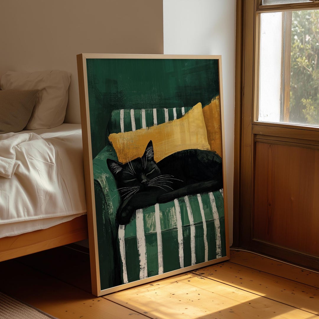 Sleeping Black Cat Poster Cozy Cat Wall Art Emerald Green Print Modern ...