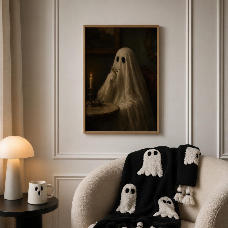 May include: A framed wall art print depicting a ghost draped in a white sheet sitting at a table with a candle and a glass, paired with a black throw blanket featuring white ghost motifs and a white ceramic mug with a ghost face design.