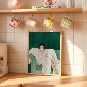 Emerald Green Abstract Woman Coffee Print, Contemporary Striped Wall Art (Digital Download)