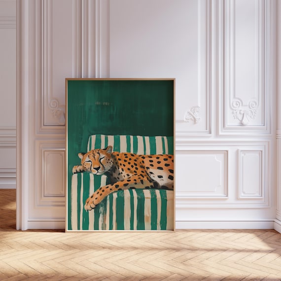 Sleepy Leopard Poster Cheetah Wall Art, Maximalist Home Print, Emerald Green Modern Poster, Contemporary Decor, Trendy Leopard Digital Art