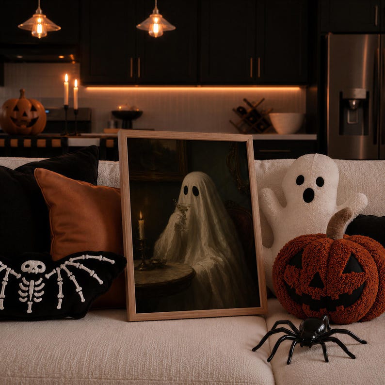 May include: A framed rectangular wall art print featuring a ghost draped in a white sheet sitting at a table with a lit candle and a glass. The artwork is displayed on a couch surrounded by plush Halloween-themed pillows and a plastic spider.