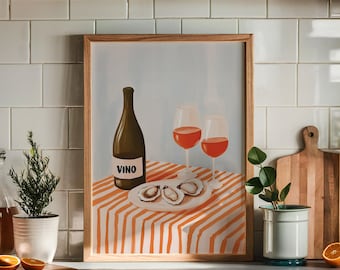 Oysters and Wine Poster Cocktail Poster Bar Cart Decor Sea Food Art Print Trendy Wall Art Modern Kitchen Art Beachy Decor Digital Download