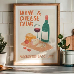 Wine and Cheese Club Poster, Retro Food Art, Modern Kitchen Wall Art, Hand Drawn Wine and Cheese Poster, Printable Aesthetic Dining Room Art