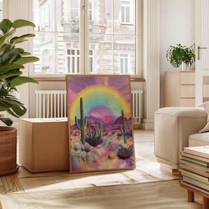 May include: A digital art print featuring a desert landscape with a rainbow arching over a field of cacti. The colors are vibrant and psychedelic, with shades of pink, purple, and green.