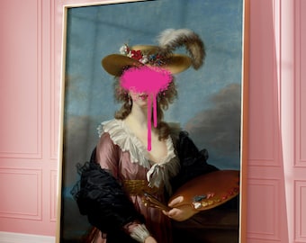 Pink Graffiti Funny Altered Art Print, Vintage Portrait Painting, Pink Graffiti Poster, Maximalist Home Decor, Vintage Printable Wall Art