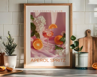 Aperol Spritz Cocktail Print, Drinks Art Print, Bar Cart Decor, Cocktail Poster, Pink And Orange Colourful Art,Kitchen Poster, Printable Art