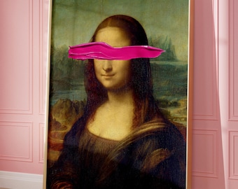Altered Mona Lisa Print, Pink Brush Stroke, Maximalist Wall Art, Pink Wall Decor, Eclectic Decor, Altered Vintage Art, Printable Wall Art