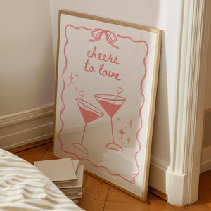 Trendy Cute Valentines Day Bar Cart Print, Cheers to Love Print, Valentines Day Poster, Cheers Print, Preppy Wall Decor, Digital Download