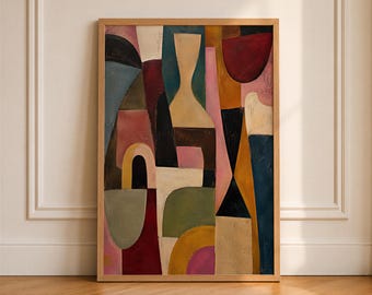 May include: A rectangular framed wall art piece featuring an abstract composition of geometric shapes and organic forms in a palette of deep red, mustard yellow, sage green, navy blue, soft pink, and cream, set within a light wood frame.