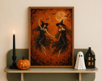 Arte mural de brujas, lámina de brujas bailando, póster de Halloween, decoración gótica de Halloween, arte imprimible de fantasía oscura, póster de bruja, descarga digital