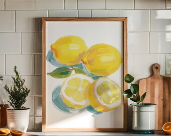 Lemon Wall Art Print Citrus Kitchen Poster Fresh Fruit Painting Summer Kitchen Decor Minimalist Food Art Digital Download
